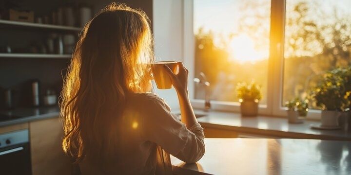Person dricker kaffe i varmt morgonljus vid ett fönster